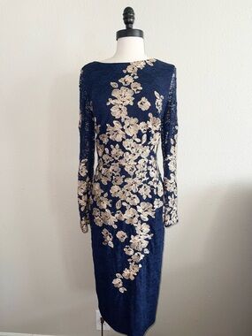 Xscape Navy Long Sleeve Dress with Gold Floral Lace